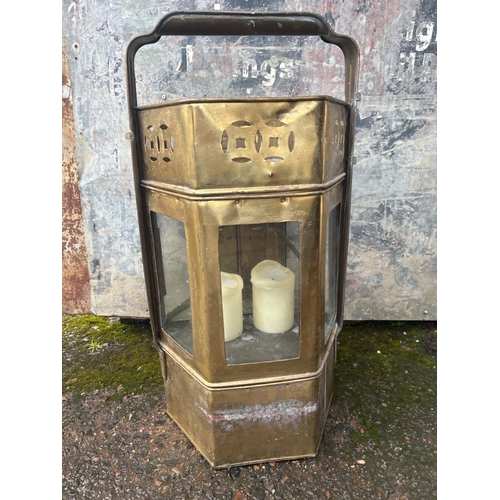 887 - Large vintage brass Asian street food warmer stall (use as a lantern) with cash box (approx H72cm).