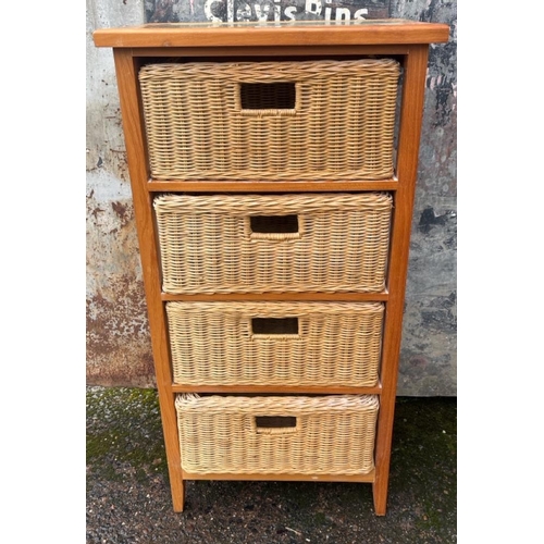 898 - Modern pine unit with four wicker drawers. Approx H100 x 50 x 33cm
