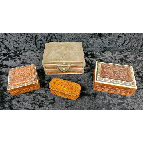 504 - Four more small decorative wooden boxes, one with metal trim.