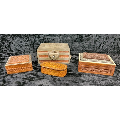 504 - Four more small decorative wooden boxes, one with metal trim.