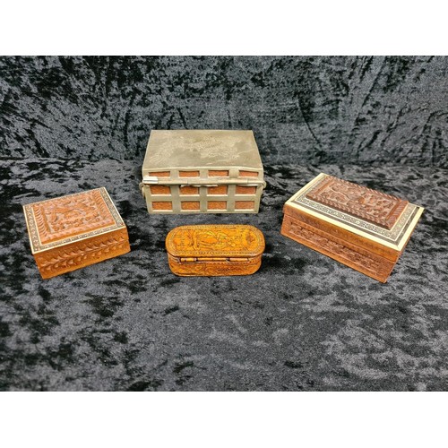 504 - Four more small decorative wooden boxes, one with metal trim.