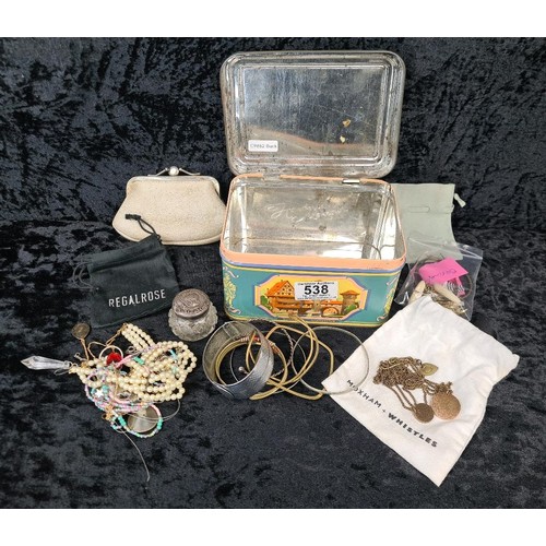 538 - Vintage tin full of various costume jewellery bits, earrings, bangles etc. plus a small vintage purs... 