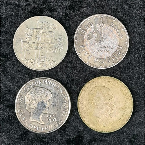 579 - 1998 Princess Diana, 1999 Millenium and 1926-1966 five pounds and a Churchill commemorative coins