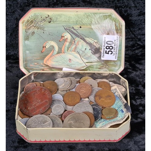 580 - Vintage tin containing British and foreign collectible coins and banknotes