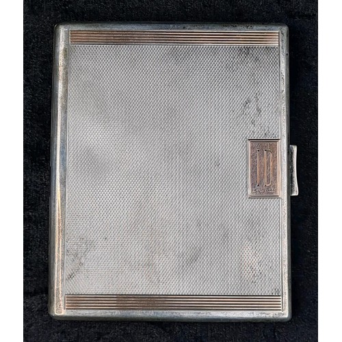604 - Silver cigarette case with engine turned seasons monogram and date inscription, Birmingham 1938, app... 