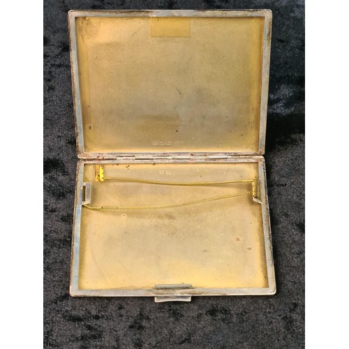 604 - Silver cigarette case with engine turned seasons monogram and date inscription, Birmingham 1938, app... 