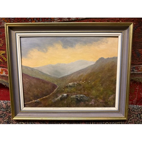 743 - Oil on board painting of a Dartmoor moorland scene with sheep on a rocky and heather hillside. Signe... 