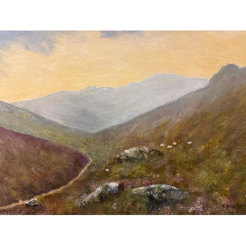 743 - Oil on board painting of a Dartmoor moorland scene with sheep on a rocky and heather hillside. Signe... 
