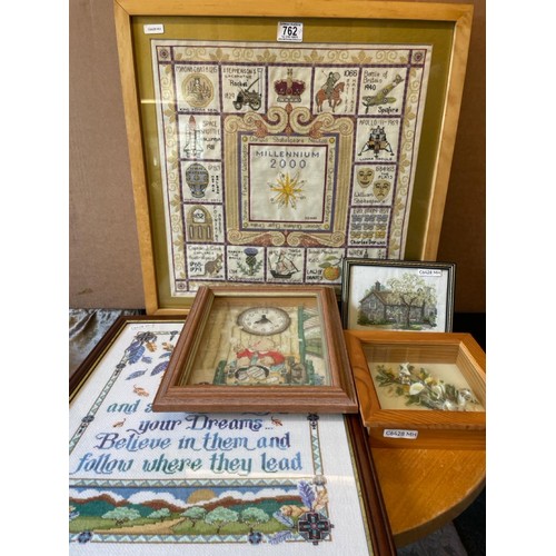 762 - Four framed needlepoint Items including a Millennium sampler (frame approx H54cm x W54cm), child’s n... 