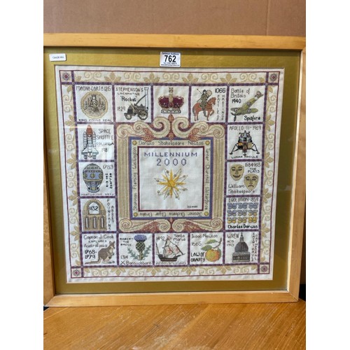 762 - Four framed needlepoint Items including a Millennium sampler (frame approx H54cm x W54cm), child’s n... 