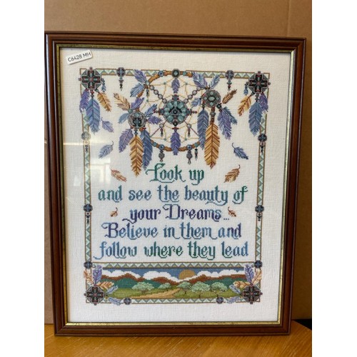 762 - Four framed needlepoint Items including a Millennium sampler (frame approx H54cm x W54cm), child’s n... 