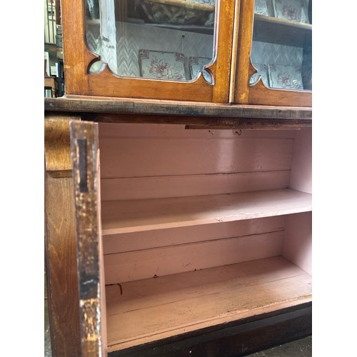 895 - Half glazed vintage oak dresser - four upper and three lower shelves in two parts. Approx H183 x 107... 