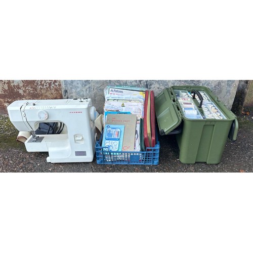 925 - Plastic sewing box full of cottons and haberdashery plus a tray of knitting needles and sewing/croch... 