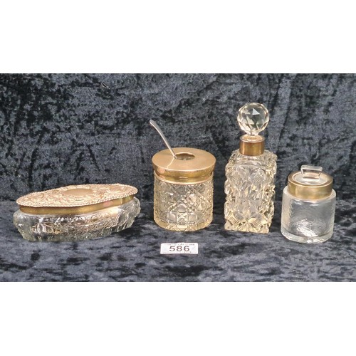 586 - Silver lidded glass dressing table pin dish (Birmingham 1903), silver collared perfume bottle (rubbe... 