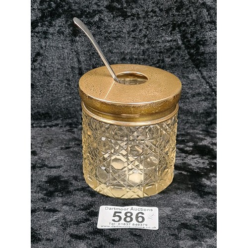 586 - Silver lidded glass dressing table pin dish (Birmingham 1903), silver collared perfume bottle (rubbe... 