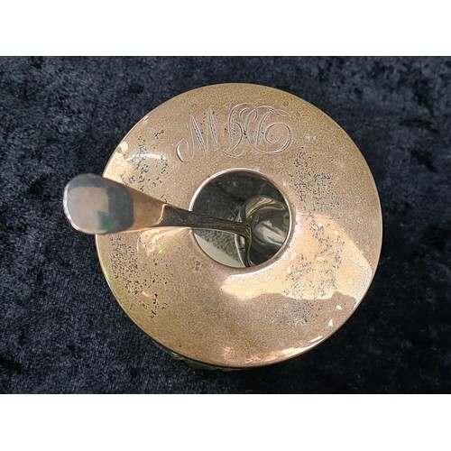 586 - Silver lidded glass dressing table pin dish (Birmingham 1903), silver collared perfume bottle (rubbe... 