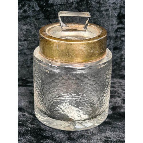 586 - Silver lidded glass dressing table pin dish (Birmingham 1903), silver collared perfume bottle (rubbe... 