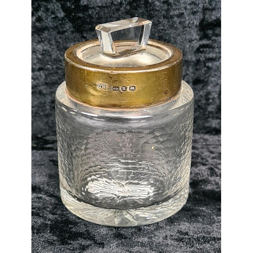 586 - Silver lidded glass dressing table pin dish (Birmingham 1903), silver collared perfume bottle (rubbe... 