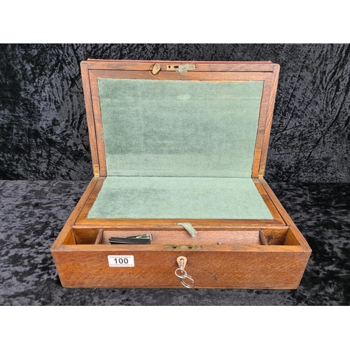 100 - Antique wooden writing slope with pen and inkwells and key. Approx H14 x W40 x D24cm.