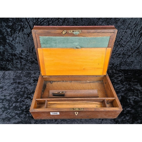100 - Antique wooden writing slope with pen and inkwells and key. Approx H14 x W40 x D24cm.