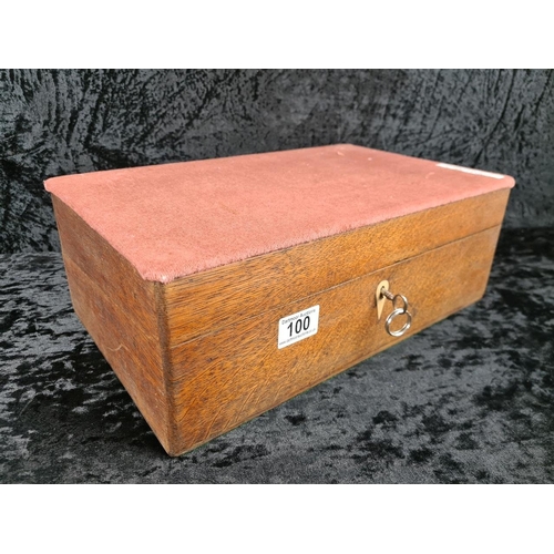 100 - Antique wooden writing slope with pen and inkwells and key. Approx H14 x W40 x D24cm.