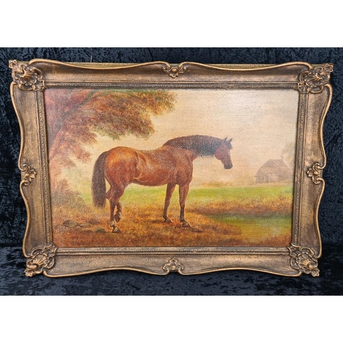 64 - Large antique painting of a horse in a gilt frame, approx H50cm x W70cm
