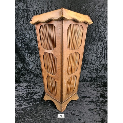 72 - Vintage wooden umbrella/stick stand with reed/bamboo inset panels (some A/F). Approx H56cm.
