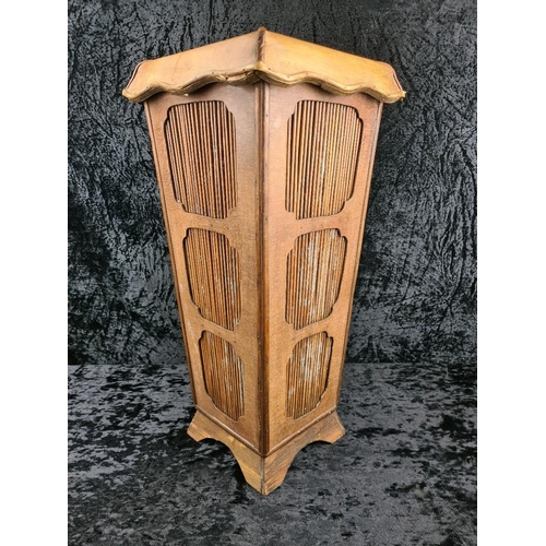 72 - Vintage wooden umbrella/stick stand with reed/bamboo inset panels (some A/F). Approx H56cm.