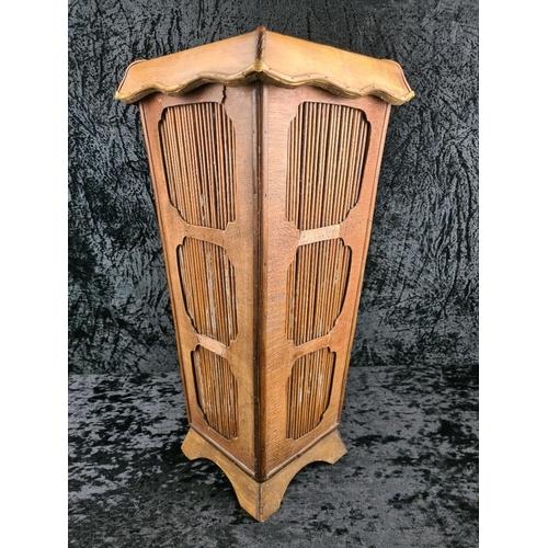 72 - Vintage wooden umbrella/stick stand with reed/bamboo inset panels (some A/F). Approx H56cm.