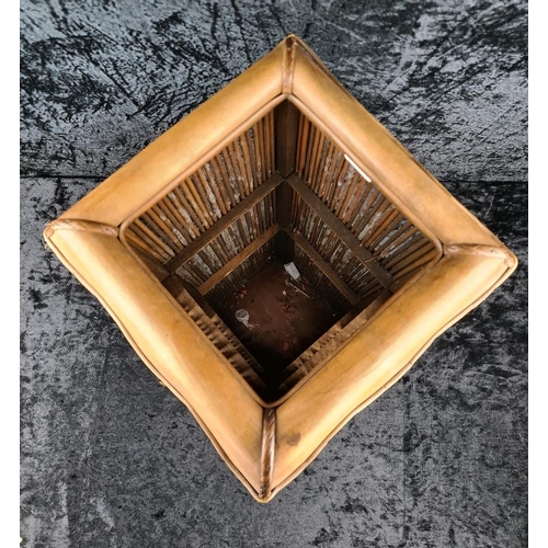 72 - Vintage wooden umbrella/stick stand with reed/bamboo inset panels (some A/F). Approx H56cm.