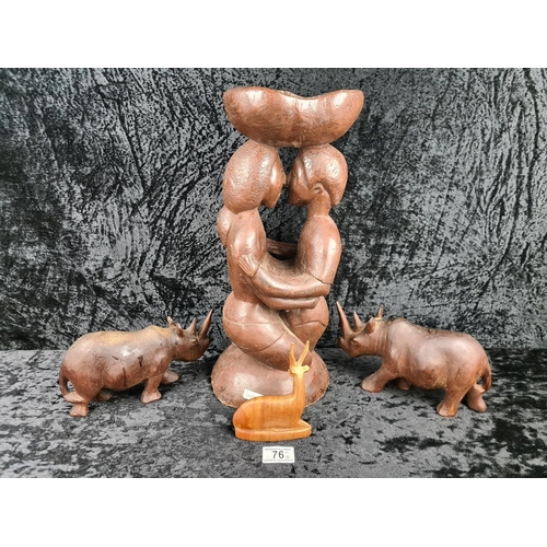 76 - Asian hand-carved wooden abstract sculpture of an embracing couple (approx H44cm) plus two wooden hi... 