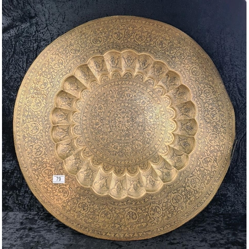 79 - Huge, vintage North African brass tray with hand-engraved arabesque and floral patterns. Approx Dia7... 