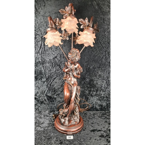 80 - Tall Art Nouveau-style resin lamp featuring a woman holding two birds, with three lights and pale pi... 