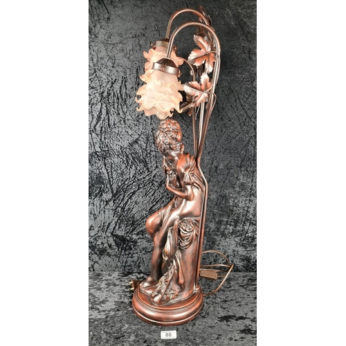 80 - Tall Art Nouveau-style resin lamp featuring a woman holding two birds, with three lights and pale pi... 