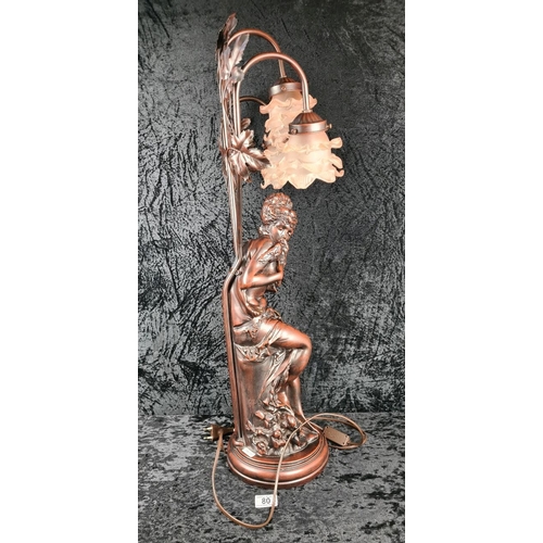 80 - Tall Art Nouveau-style resin lamp featuring a woman holding two birds, with three lights and pale pi... 