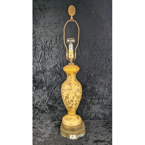 81 - Impressive vintage ceramic and brass lamp with gilt relief detailing (needs wiring). Approx H87cm.