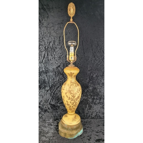81 - Impressive vintage ceramic and brass lamp with gilt relief detailing (needs wiring). Approx H87cm.
