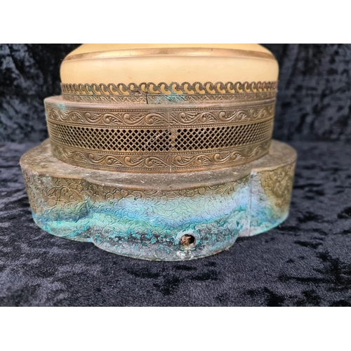 81 - Impressive vintage ceramic and brass lamp with gilt relief detailing (needs wiring). Approx H87cm.