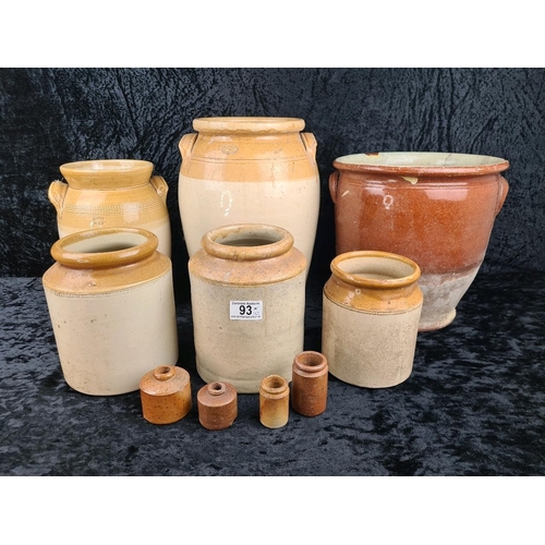 93 - Collection of antique salt-glazed stoneware jars and flagons, including two embossed Bristol. Talles... 