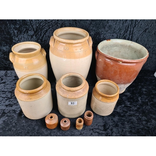 93 - Collection of antique salt-glazed stoneware jars and flagons, including two embossed Bristol. Talles... 