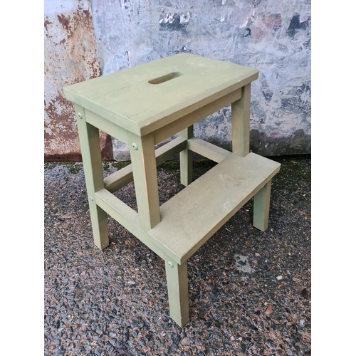 94 - Wooden two-step stool painted pale sage green. Approx H53cm.