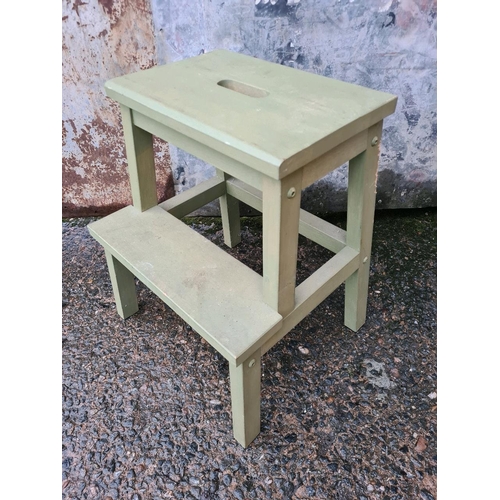 94 - Wooden two-step stool painted pale sage green. Approx H53cm.