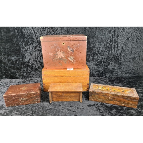 99 - Five vintage wooden boxes - useful for a variety of purposes. Largest approx H15 x W30 X D20cm.