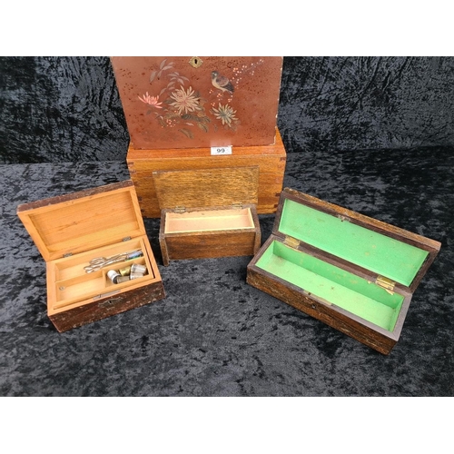 99 - Five vintage wooden boxes - useful for a variety of purposes. Largest approx H15 x W30 X D20cm.