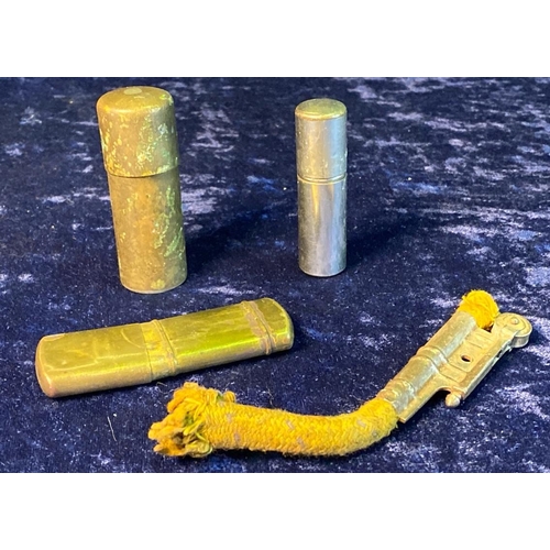 Three vintage metal lighters and a rope lighter, possibly military / trench