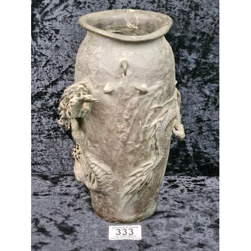 333 - Heavily patinated oriental bronze dragon vase, approx H26cm
