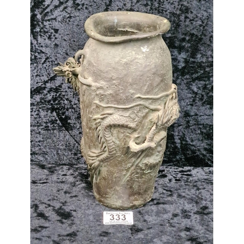 333 - Heavily patinated oriental bronze dragon vase, approx H26cm