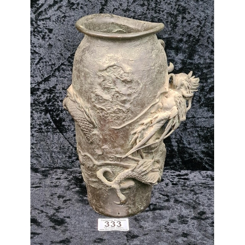 333 - Heavily patinated oriental bronze dragon vase, approx H26cm