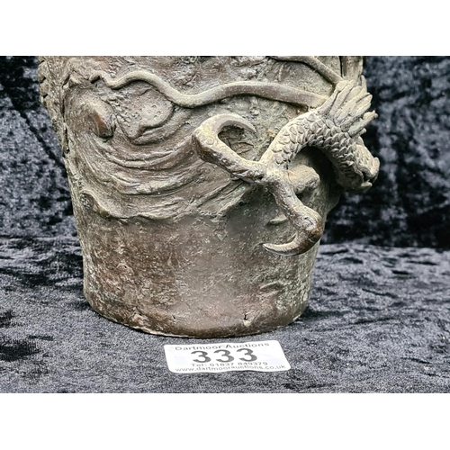 333 - Heavily patinated oriental bronze dragon vase, approx H26cm