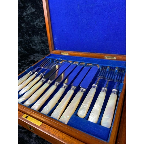 400 - Wooden box of 24 piece set of side knives and forks with mother of pearl handles.